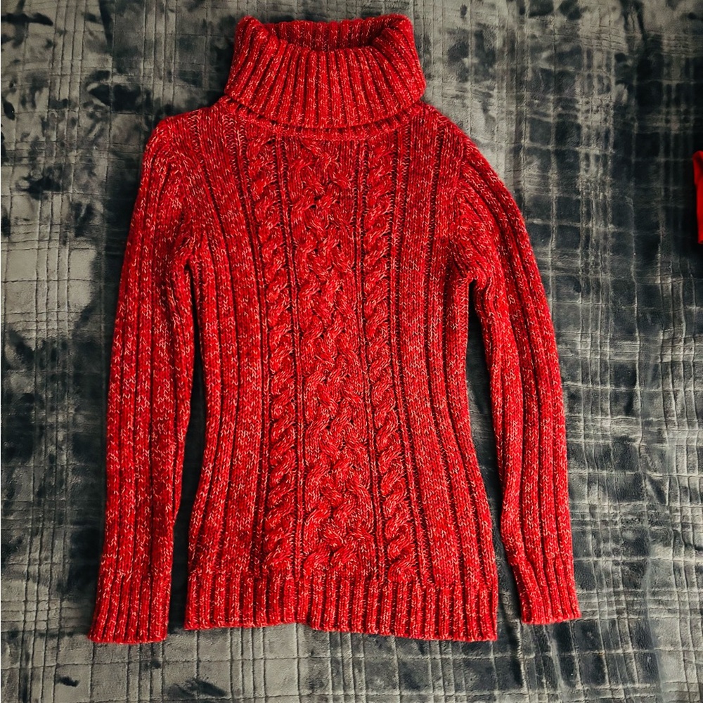 Red Cable Knit Turtleneck Sweater